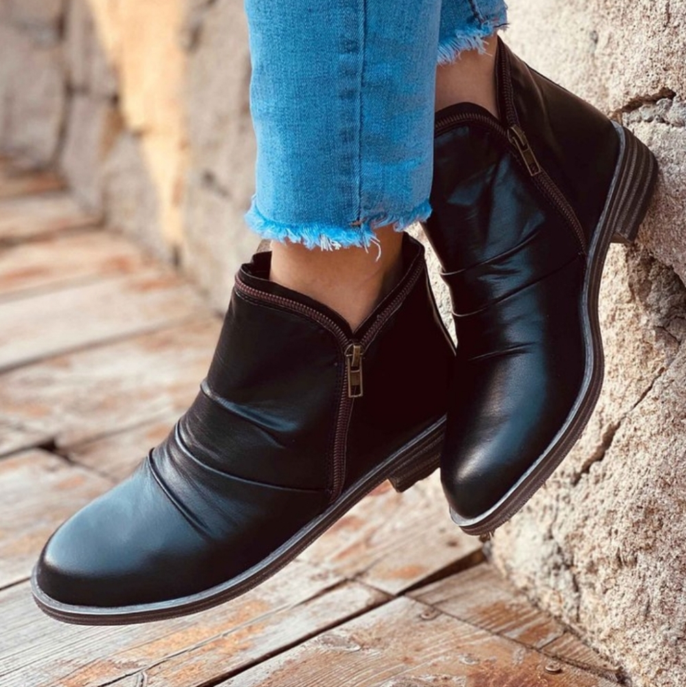 Black Zipper-Accent Ankle Boot